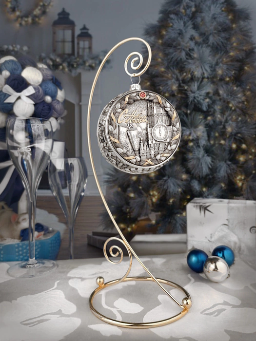 Set of 3 silver Christmas balls "Bells, Bullfinches and Nostalgia"